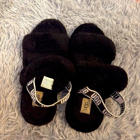 Ugg Fluff Slide Sandals BLACK Belted Ankle Slippers Sz 6 - Picture 2 of 6